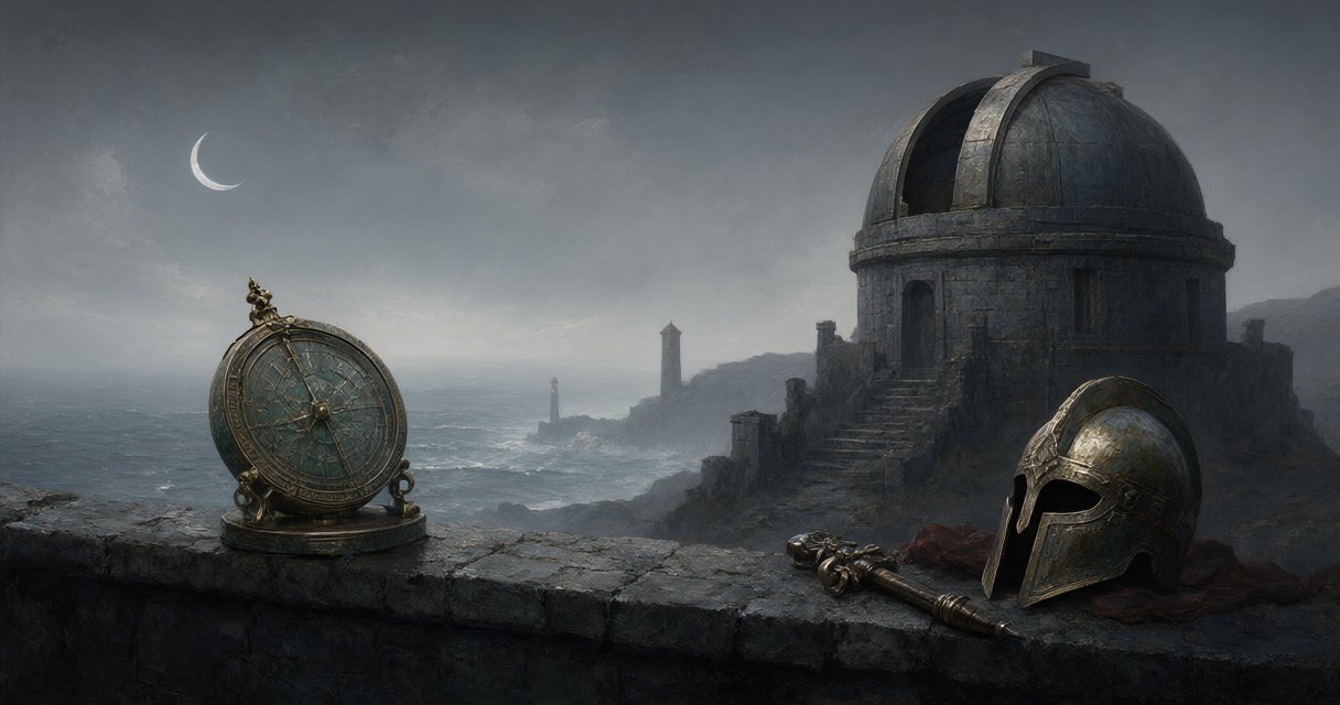 An unmarked helmet and bronze instrument rest above a misty coast and an invented stone observatory.